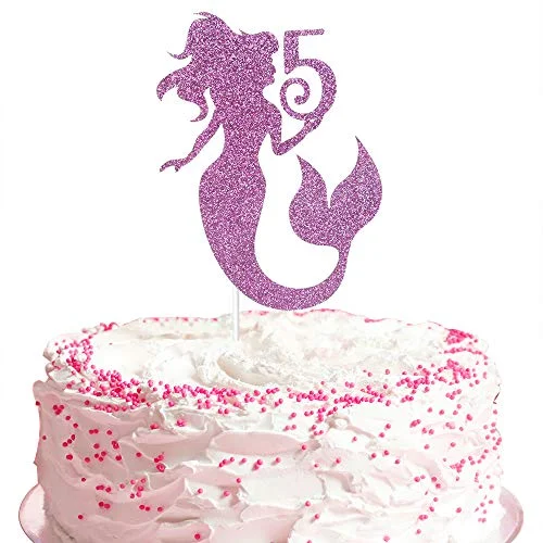 Mermaid White Glitter Cake A white 1 Tier cake themed around Mermaid, featuring a large purple glitter mermaid silhouette with the number five and pink sprinkles.