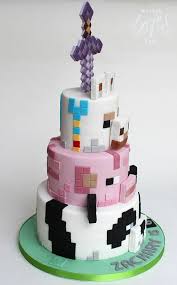 Minecraft 3 Tier Fondant - white, pink theme with pixelated sword and pixelated Minecraft character designs (chicken, pig,...