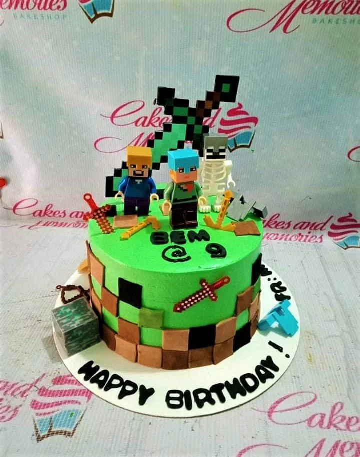 Minecraft-Inspired Mint Birthday Cake A green 1 Tier cake themed around Minecraft, featuring Steve, Alex, Skeleton figures, and pixelated terrain.