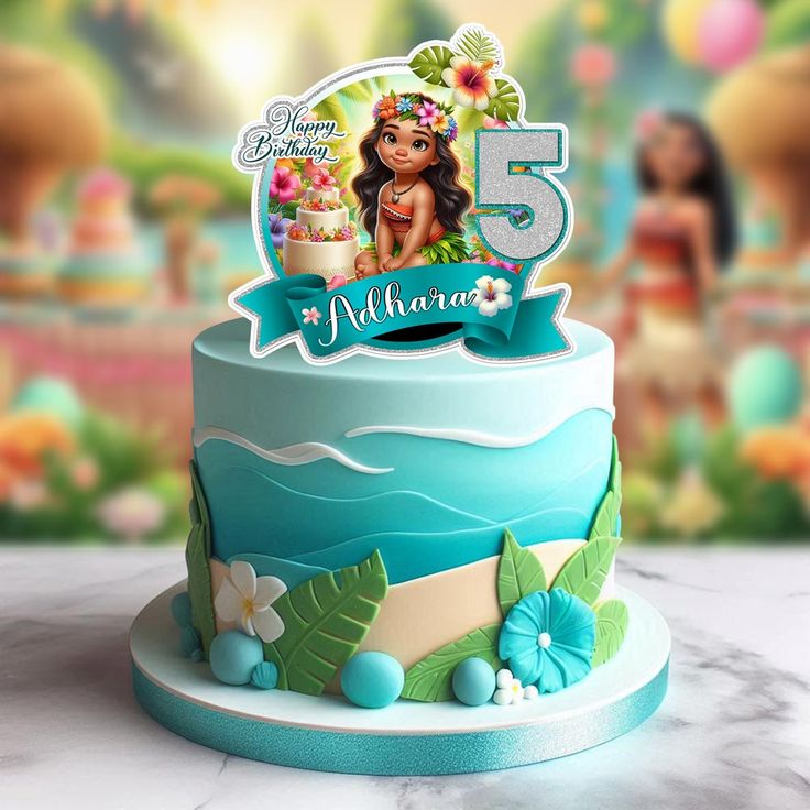 Moana themed birthday cake with a blue ocean wave icing design, tropical leaves, and a large personalized character topper for Adhara's 5th birthday. Moana themed birthday cake with a blue ocean wave icing design, tropical leaves, and a large personalized character topper for Adhara's 5th birthday.