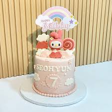 My Melody rainbow 1 Tier - pink, white, orange theme with cardstock rainbow and 'Happy Birthday' sign and pink swirl lollipop My Melody rainbow 1 Tier - pink, white, orange theme with cardstock rainbow and 'Happy Birthday' sign and pink swirl lollipop