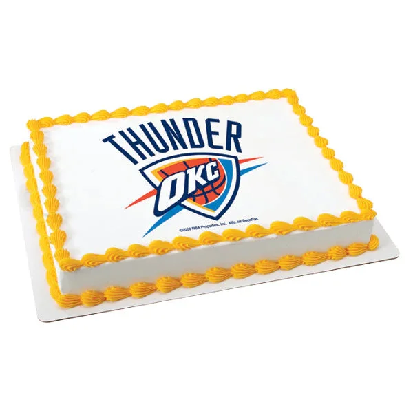 Oklahoma City Thunder White Rectangle Cake A white and yellow rectangle cake themed around Oklahoma City Thunder, featuring the team's logo and yellow shell borders.