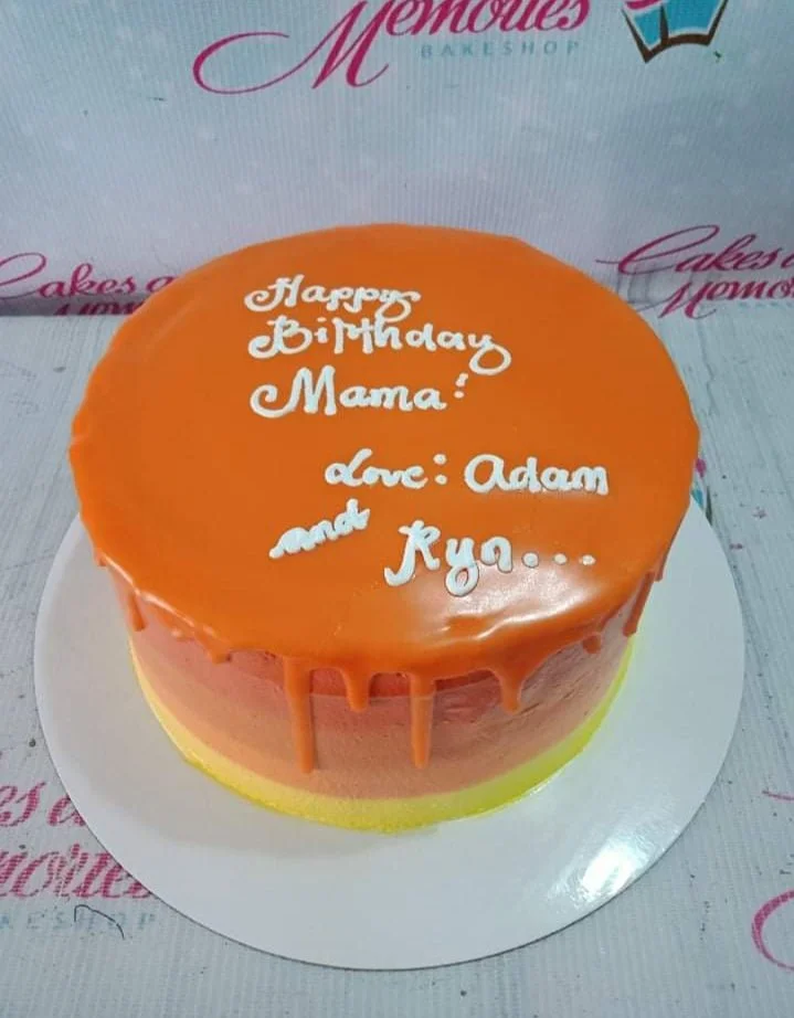 Orange Gradient Drip Birthday Cake A orange, peach, yellow, and white single tier cake themed around Orange Gradient, featuring an orange drip and a white piped message.