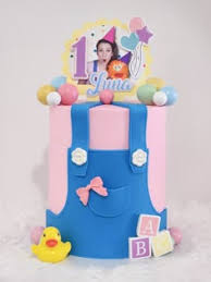 Pink fondant cake with blue overall design, yellow rubber duck, and a personalized photo topper for Luna's 1st birthday. Pink fondant cake with blue overall design, yellow rubber duck, and a personalized photo topper for Luna's 1st birthday.