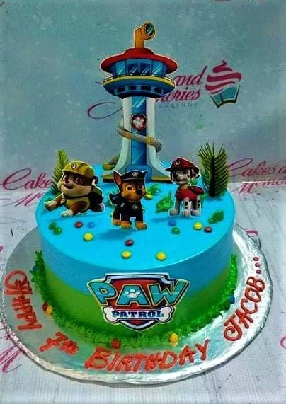 Paw Patrol-Inspired Birthday Cake A blue and green 1-tier cake themed around Paw Patrol, featuring a lookout tower and character printouts.