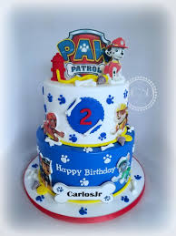 Paw Patrol 2 Tier Fondant - white, blue, yellow theme with Paw Patrol logo and Paw Patrol character cutouts Paw Patrol 2 Tier Fondant - white, blue, yellow theme with Paw Patrol logo and Paw Patrol character cutouts