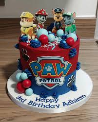 Paw Patrol 1 Tier - red, blue, rose theme with Paw Patrol character figurines and blue icing rosettes Paw Patrol 1 Tier - red, blue, rose theme with Paw Patrol character figurines and blue icing rosettes