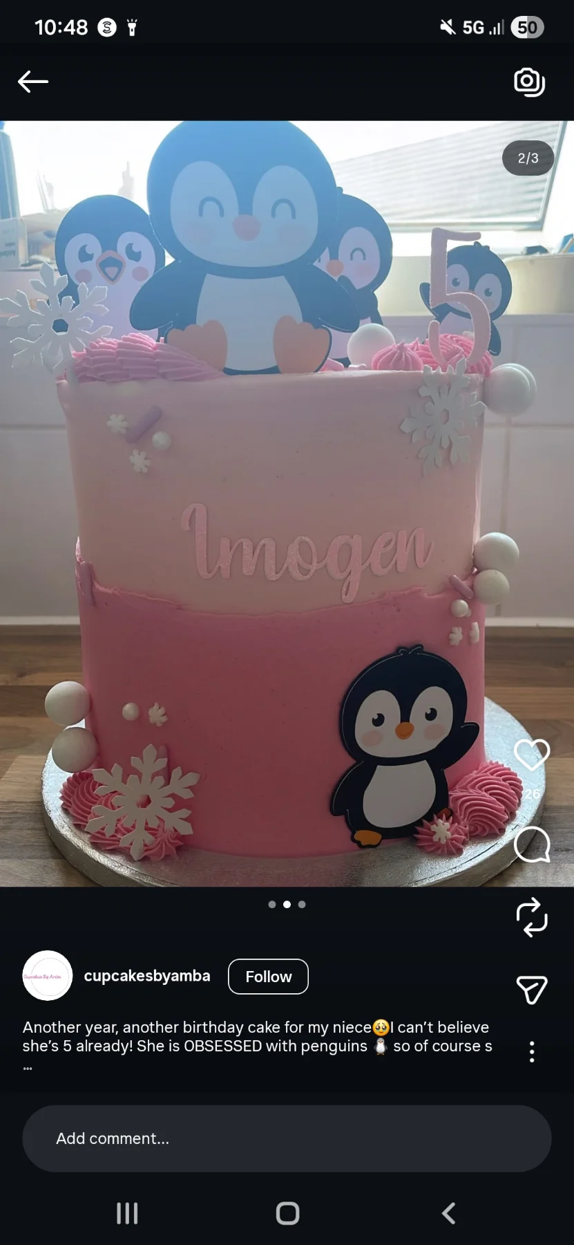 Penguin 1 Tier - pink, white theme with large penguin character and penguin character on side Penguin 1 Tier - pink, white theme with large penguin character and penguin character on side