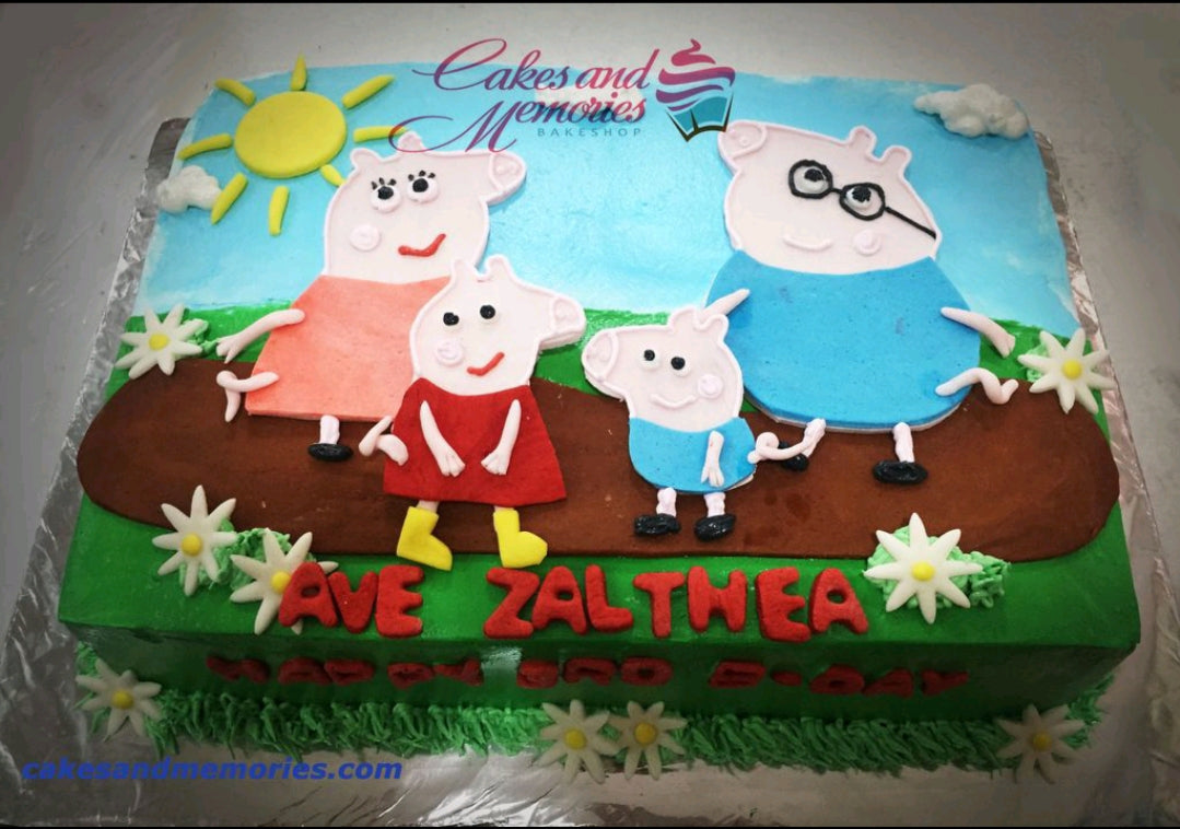 Peppa Pig family themed rectangle cake with green grass, blue sky, and fondant characters for Ave Zalthea's 3rd birthday. Peppa Pig family themed rectangle cake with green grass, blue sky, and fondant characters for Ave Zalthea's 3rd birthday.