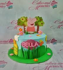 Peppa Pig 1 Tier - red theme with Peppa Pig character and Edible 3D trees