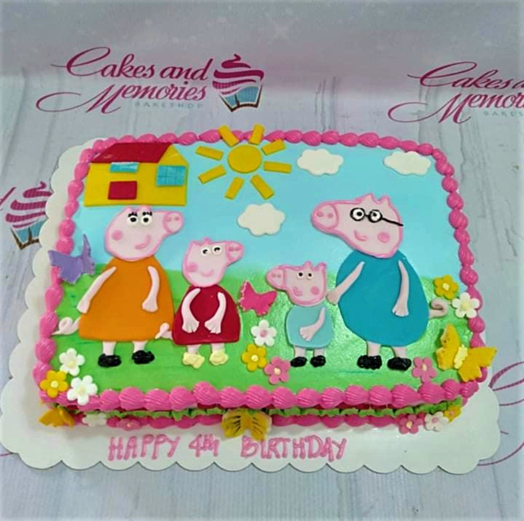 Peppa Pig family themed rectangle birthday cake with pink icing borders and fondant character decorations. Peppa Pig family themed rectangle birthday cake with pink icing borders and fondant character decorations.