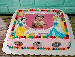 pink Disney Princess Rectangle - colorful theme with edible photo of a girl and Disney princesses and colorful candy-coate...