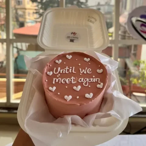Pink bento cake with white icing hearts and 'Until we meet again' message in a white takeout container. Pink bento cake with white icing hearts and 'Until we meet again' message in a white takeout container.