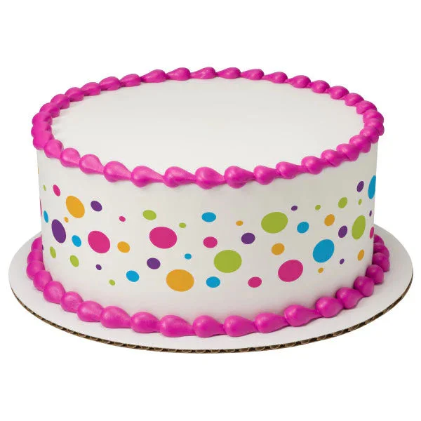 Polka Dot White Birthday Cake A white 1-tier round cake with colorful polka dots and pink icing rosettes on the top and base borders.