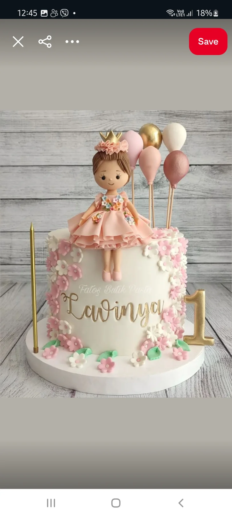 Princess Floral 1 Tier Fondant - gold, pink, white theme with princess doll topper and small pink and white flowers Princess Floral 1 Tier Fondant - gold, pink, white theme with princess doll topper and small pink and white flowers
