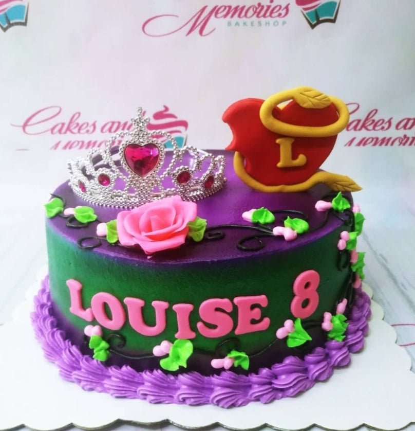 Purple and green gradient cake with a silver rhinestone tiara, a red heart topper, and a pink fondant rose. Purple and green gradient cake with a silver rhinestone tiara, a red heart topper, and a pink fondant rose.