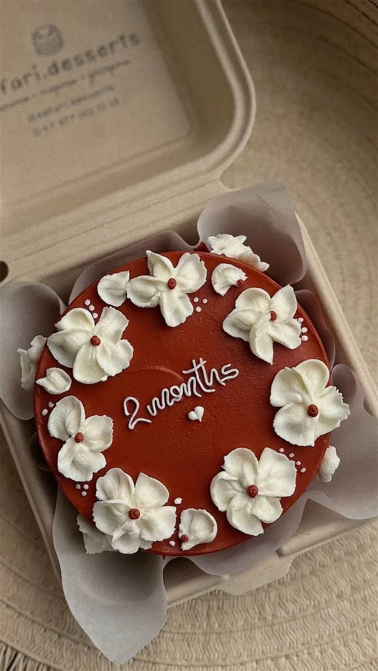 Red Floral Maroon Bento Cake red floral Bento - red, dark, white theme with white piped flowers with red centers