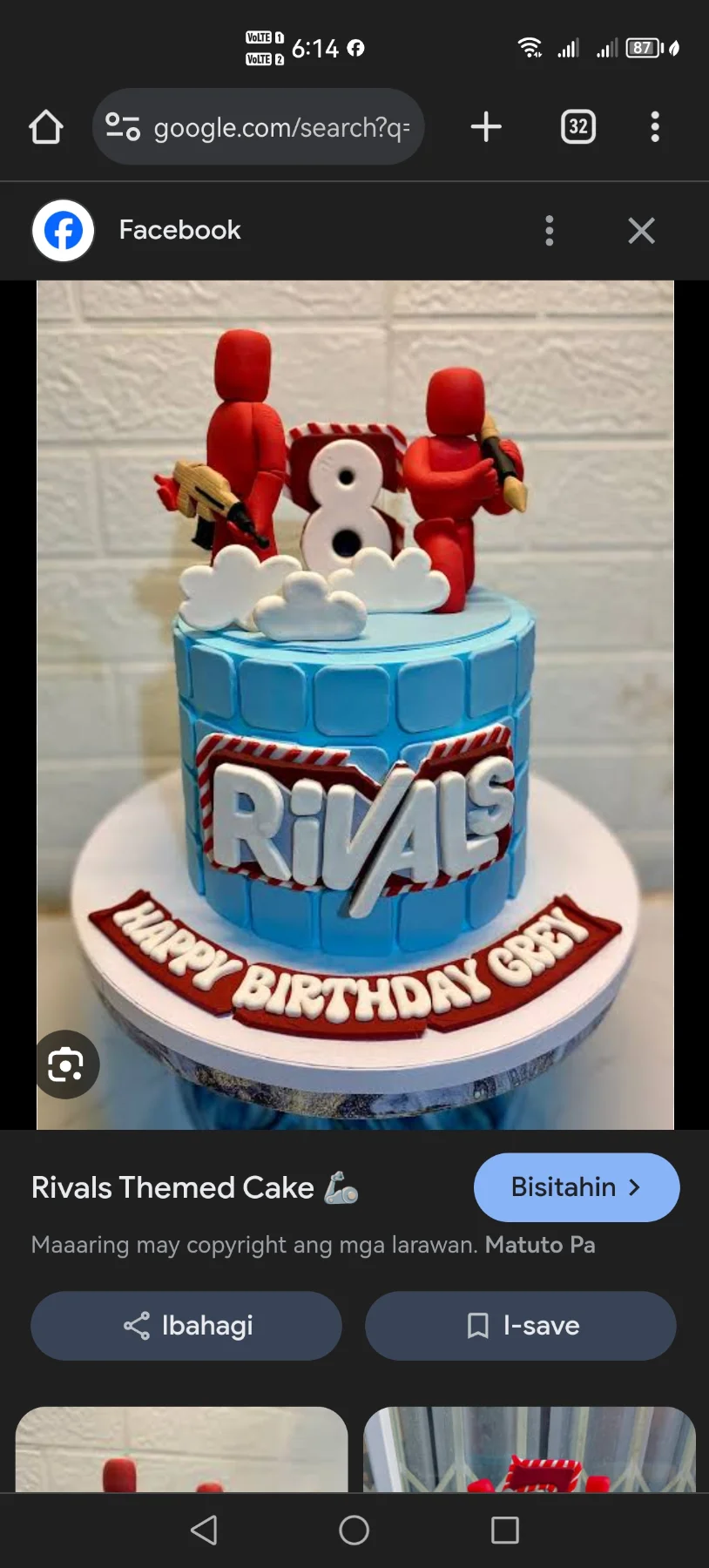 Blue Rivals Roblox themed cake with red 3D figures, white clouds, and a Happy Birthday Grey banner Blue Rivals Roblox themed cake with red 3D figures, white clouds, and a Happy Birthday Grey banner