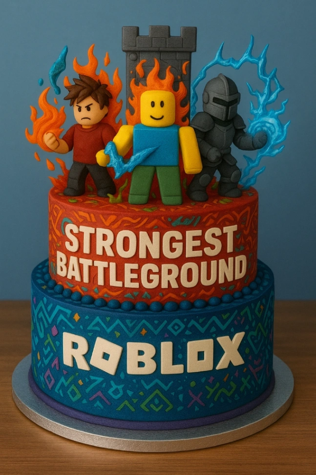 Roblox gaming 2 Tier Fondant - red, yellow, orange theme with Roblox character with fire powers and blue beaded border bet... Roblox gaming 2 Tier Fondant - red, yellow, orange theme with Roblox character with fire powers and blue beaded border bet...