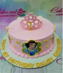 Snow White Princess 1 Tier - pink, yellow, white theme with pink crown and Snow White character image Snow White Princess 1 Tier - pink, yellow, white theme with pink crown and Snow White character image