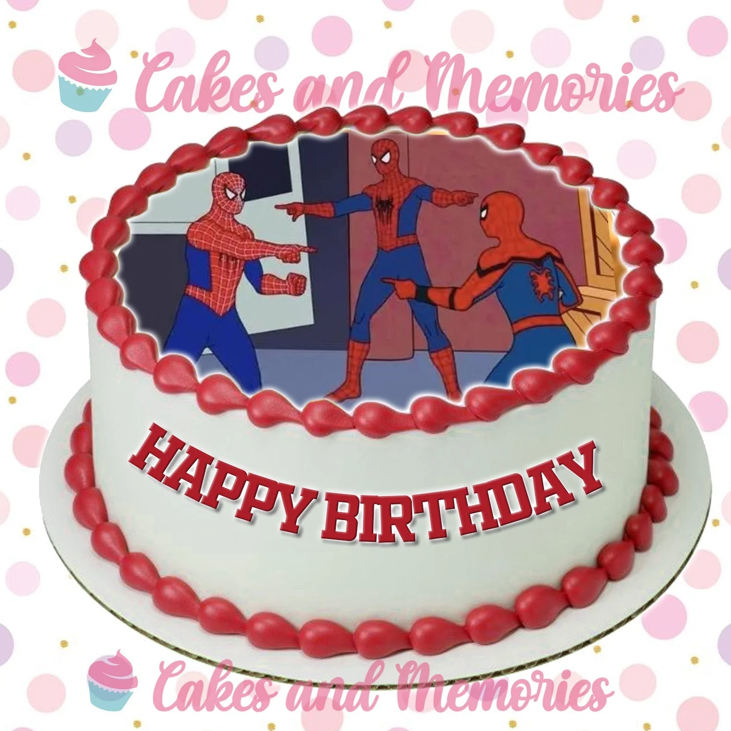 White round Spiderman meme cake with red icing borders and a printed image of three Spiderman characters pointing at each other. White round Spiderman meme cake with red icing borders and a printed image of three Spiderman characters pointing at each other.