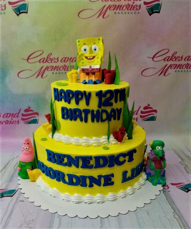 Two-tier yellow SpongeBob SquarePants birthday cake with 3D fondant characters and blue gumpaste lettering.