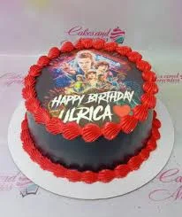 Cake 1 Tier - red theme with Edible photo of Stranger Things characters with 'Happy Birthday Ulrica' text and a red heart Cake 1 Tier - red theme with Edible photo of Stranger Things characters with 'Happy Birthday Ulrica' text and a red heart