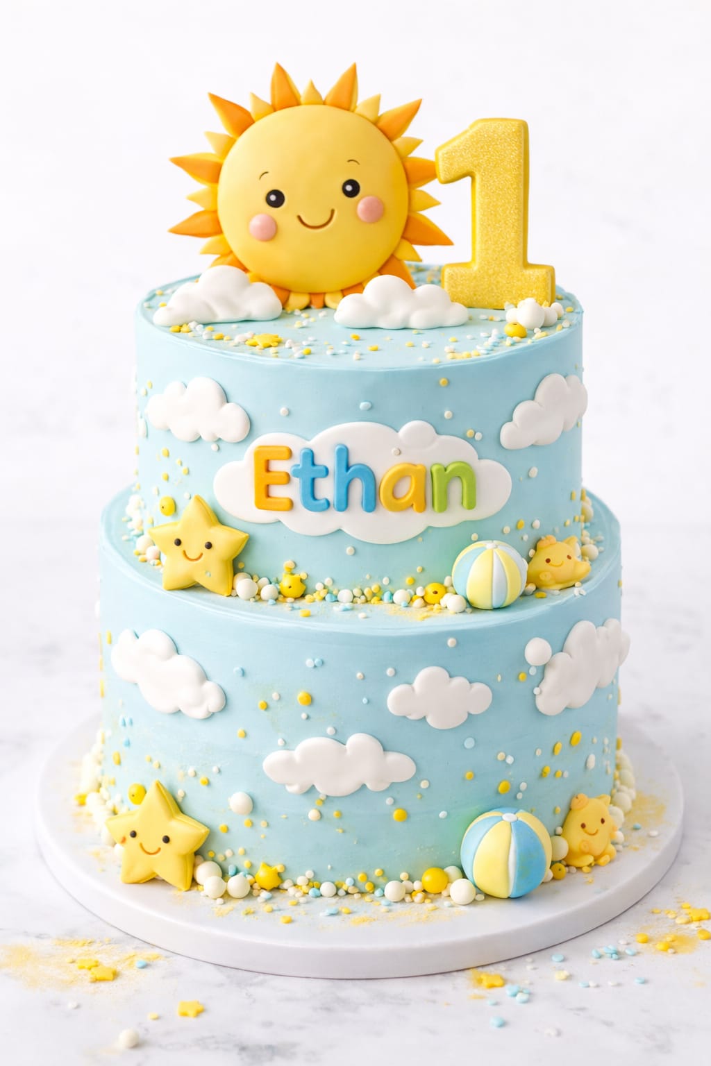 sunshine birthday 2 Tier - blue, light, white theme with smiling sun with rays and white fluffy clouds sunshine birthday 2 Tier - blue, light, white theme with smiling sun with rays and white fluffy clouds
