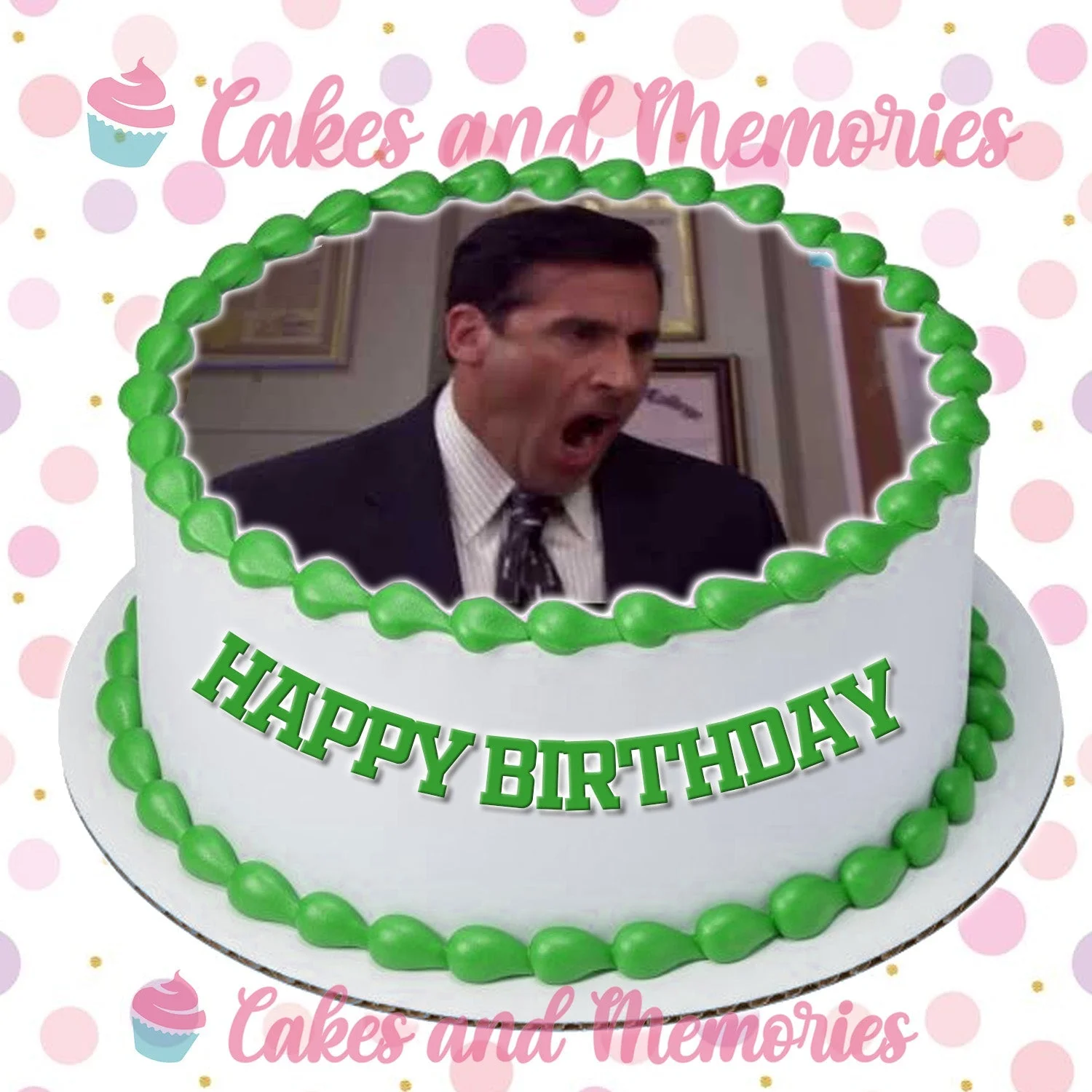 White round birthday cake with a funny Michael Scott printout topper and green icing borders.