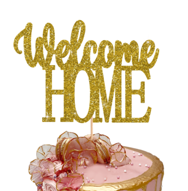 Pink 1-tier cake with gold glitter Welcome Home topper, pink macarons, and gold-edged translucent petals. Pink 1-tier cake with gold glitter Welcome Home topper, pink macarons, and gold-edged translucent petals.