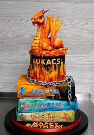 Wings of Fire 3 Tier Fondant - red, orange, silver theme with orange and red dragon figurine and silver chain around the t... Wings of Fire 3 Tier Fondant - red, orange, silver theme with orange and red dragon figurine and silver chain around the t...