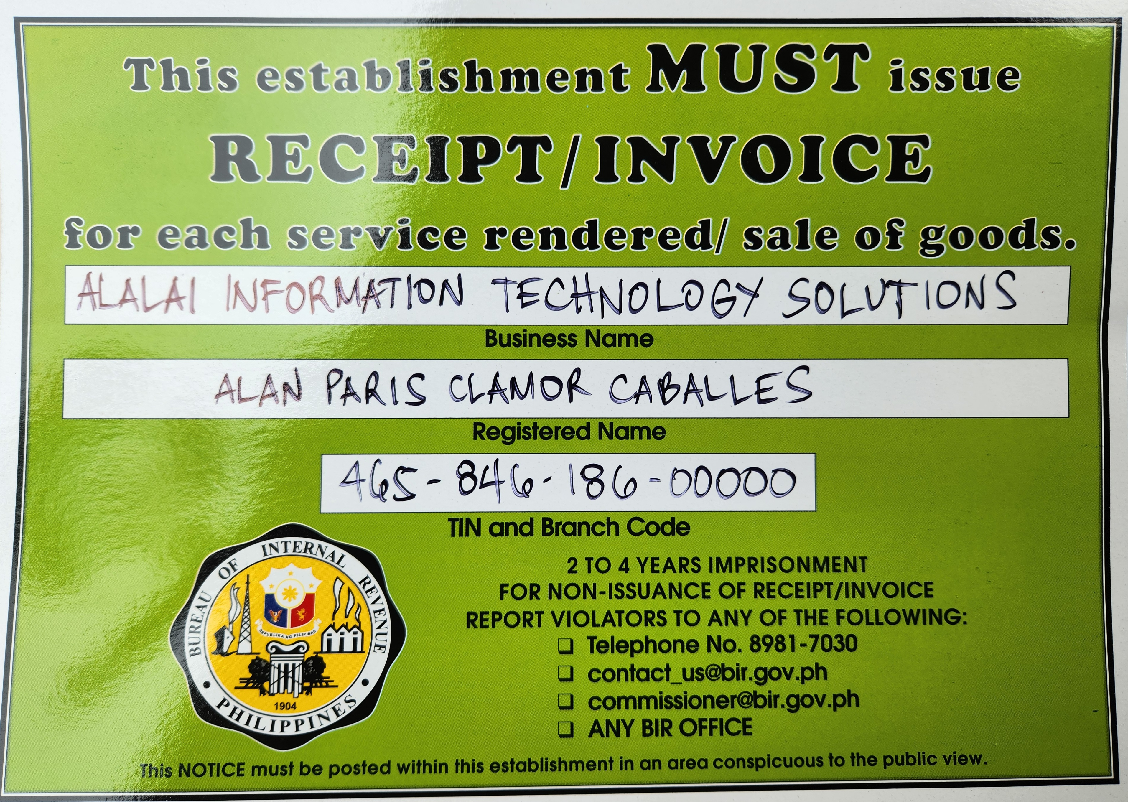BIR Receipt Permit