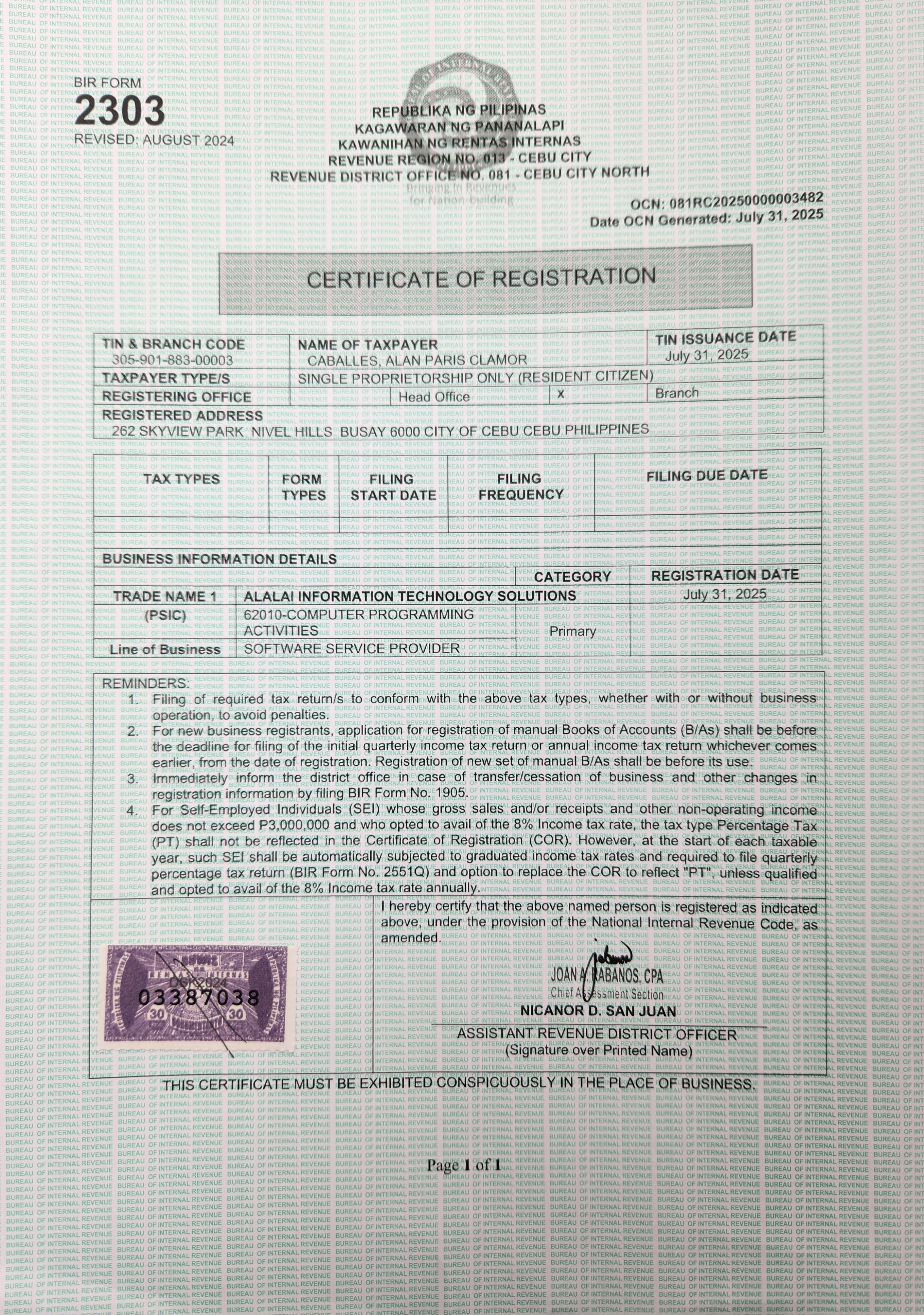 BIR Certificate of Registration