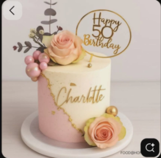 Elegant 50th birthday cake with pink and ivory icing, gold leaf accents, fresh roses, and a gold Happy 50th Birthday topper. Elegant 50th birthday cake with pink and ivory icing, gold leaf accents, fresh roses, and a gold Happy 50th Birthday topper.