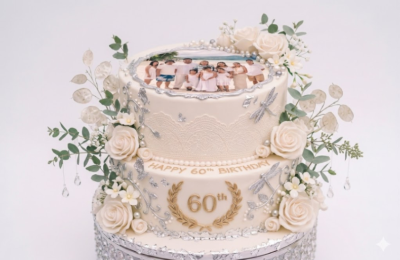Elegant 2-tier ivory fondant 60th birthday cake with edible photo, sugar roses, silver dragonflies, and gold wreath accents. Elegant 2-tier ivory fondant 60th birthday cake with edible photo, sugar roses, silver dragonflies, and gold wreath accents.