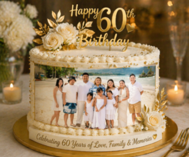 White 60th birthday cake with a large family photo print on the side, gold floral accents, and a gold Happy 60th Birthday topper. White 60th birthday cake with a large family photo print on the side, gold floral accents, and a gold Happy 60th Birthday topper.