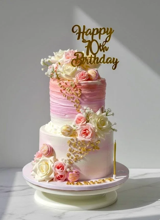 70th Birthday White Floral 2-Tier Cake Elegant 2-tier pink and white ombre birthday cake with fresh roses, gold leaf accents, and a gold 70th birthday topper.