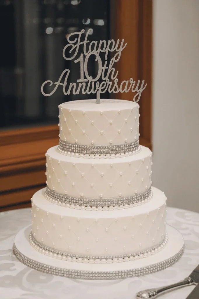 Elegant 3-tier white fondant anniversary cake with quilted pattern, pearl accents, silver rhinestone ribbons, and a glittery Happy 10th Anniversary topper. Elegant 3-tier white fondant anniversary cake with quilted pattern, pearl accents, silver rhinestone ribbons, and a glittery Happy 10th Anniversary topper.
