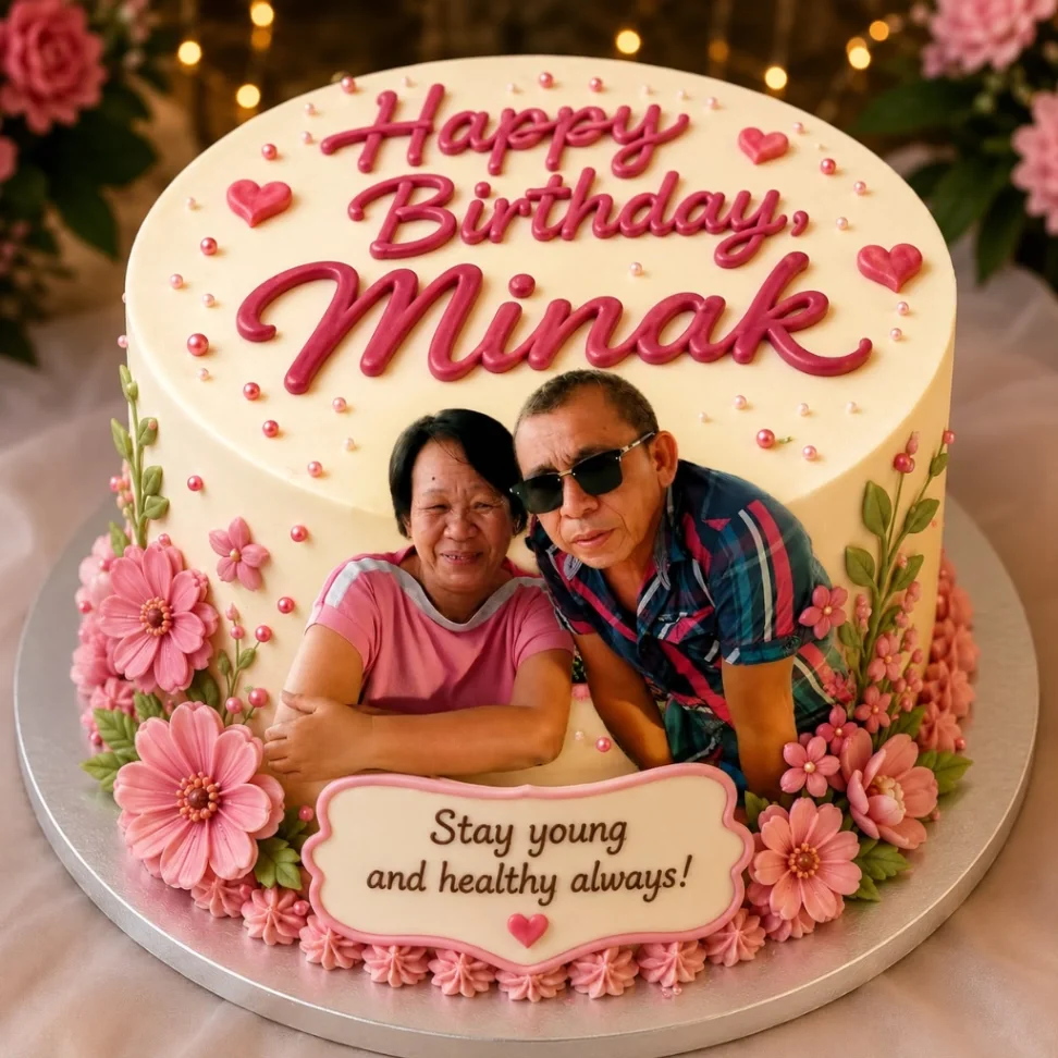 Birthday Portrait Ivory Floral Cake Ivory 1-tier birthday cake with smooth soft icing, an edible photo portrait, pink flowers, and dark red piped messages