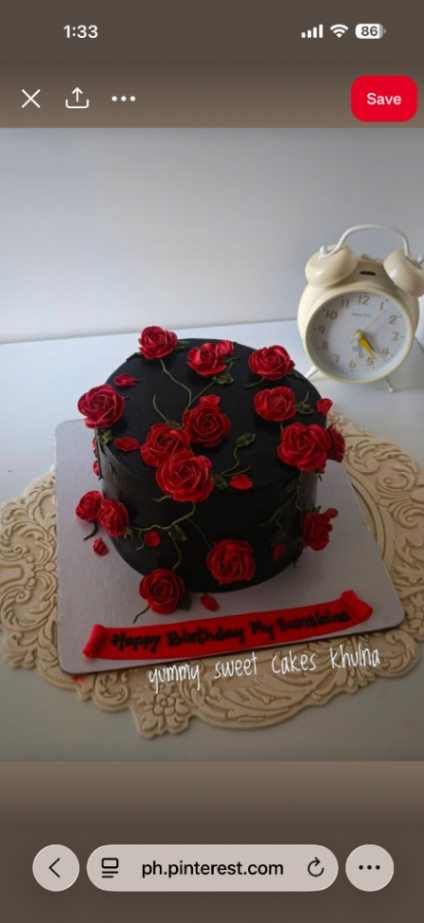 Black Rose Birthday Floral Cake Black 1 tier round cake with soft icing, Black Rose Birthday Cake theme, and piped red buttercream roses