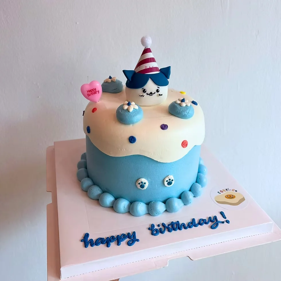 Blue Cat Birthday Heart Cake Light blue 1-tier birthday cake with soft icing, a blue cat character figure, and a pink heart candle