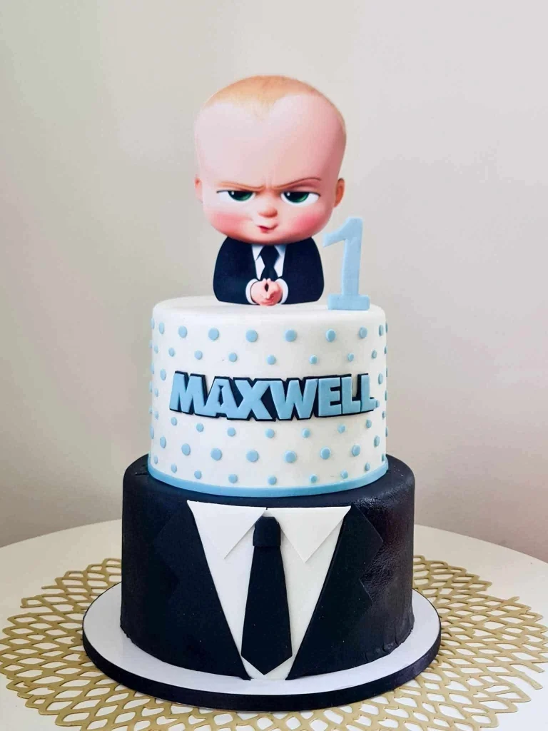 Boss Baby-Inspired 2-Tier Birthday Cake Boss Baby 2-tier fondant birthday cake with a portrait topper, suit decoration, and blue polka dots