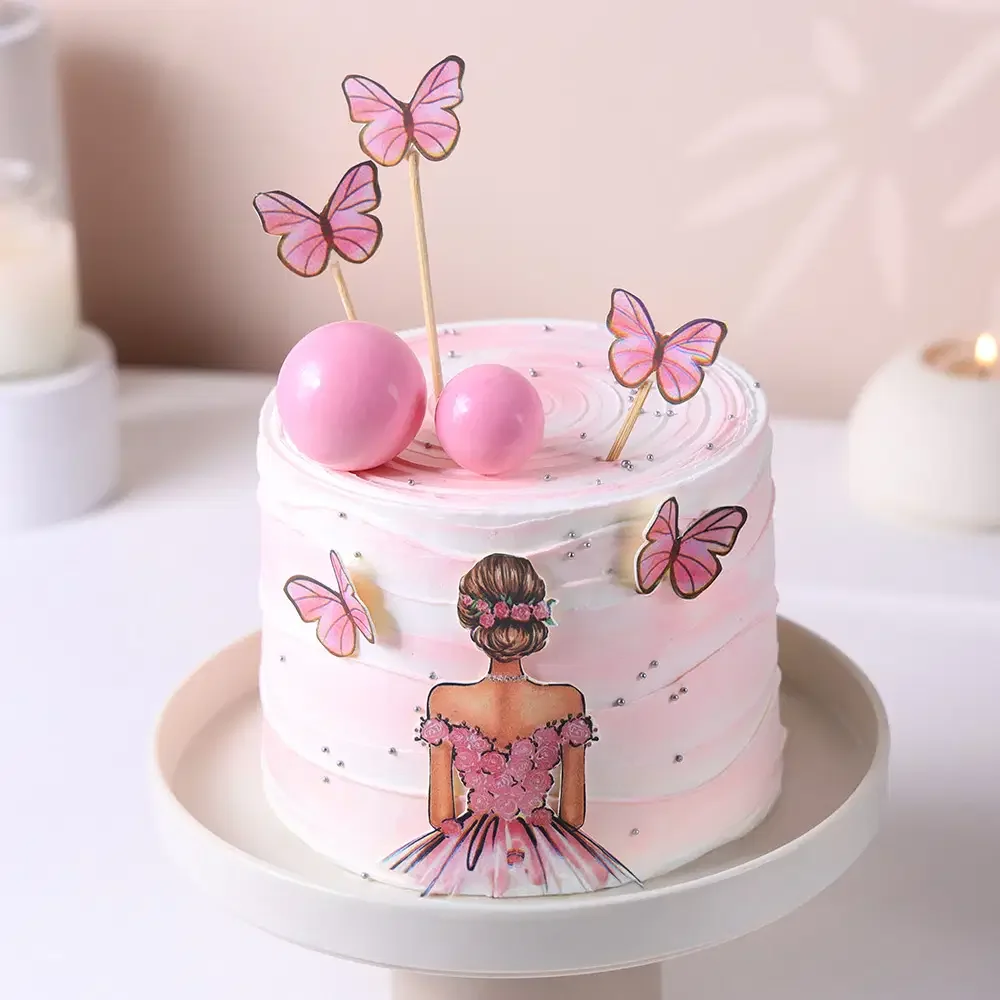 Butterfly Girl Pink Floral Birthday Cake Pink 1-tier cake with girl figure printout and butterfly toppers