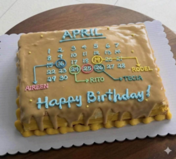 Rectangle calendar cake with tan icing, blue Happy Birthday message, and a calendar grid for April with specific dates circled. Rectangle calendar cake with tan icing, blue Happy Birthday message, and a calendar grid for April with specific dates circled.