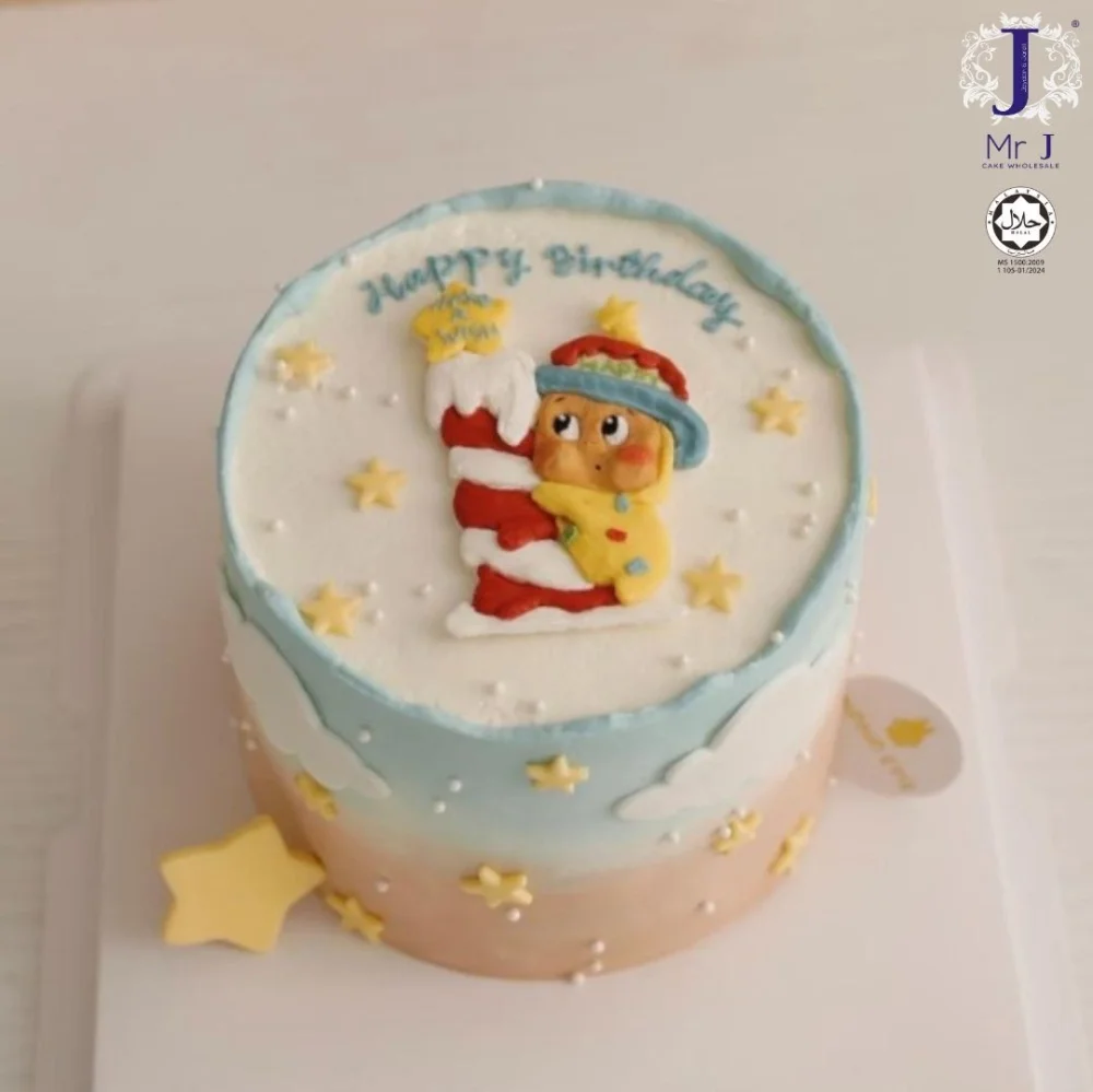 Character Sky White Birthday Cake Light blue and peach gradient single tier cake with a 3D fondant character climbing a candy cane and yellow stars