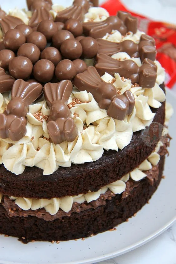 Chocolate naked cake with white icing rosettes, topped with chocolate bunnies and malt balls. Chocolate naked cake with white icing rosettes, topped with chocolate bunnies and malt balls.