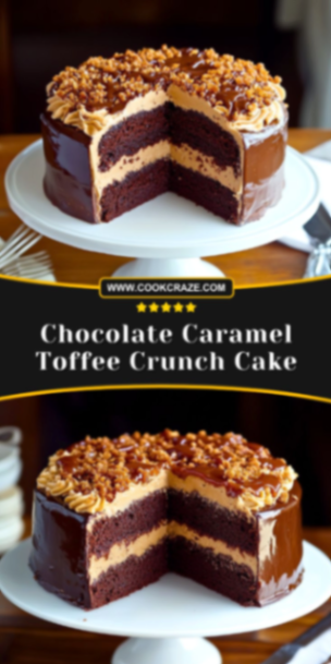 Chocolate caramel toffee crunch cake with dark chocolate glaze and caramel icing rosettes topped with crushed toffee bits. Chocolate caramel toffee crunch cake with dark chocolate glaze and caramel icing rosettes topped with crushed toffee bits.