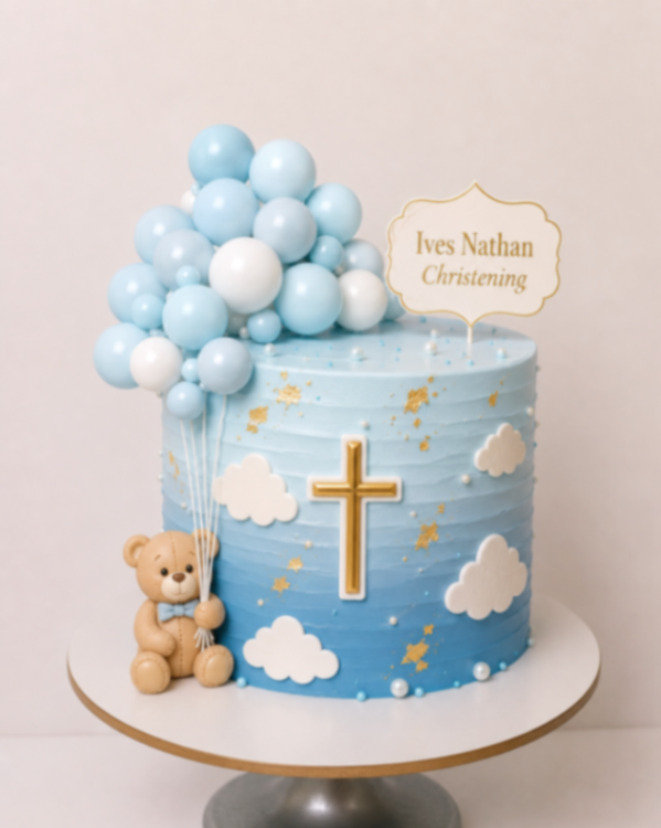 Christening Bear Sky Blue Cake Light blue gradient 1-tier cake with a teddy bear topper, balloon cluster, gold cross, and white clouds