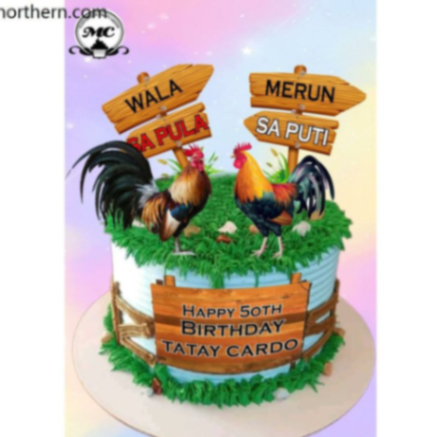 A light blue 1-tier birthday cake with a cockfighting theme featuring rooster printouts, wooden sign graphics, and green icing grass. A light blue 1-tier birthday cake with a cockfighting theme featuring rooster printouts, wooden sign graphics, and green icing grass.