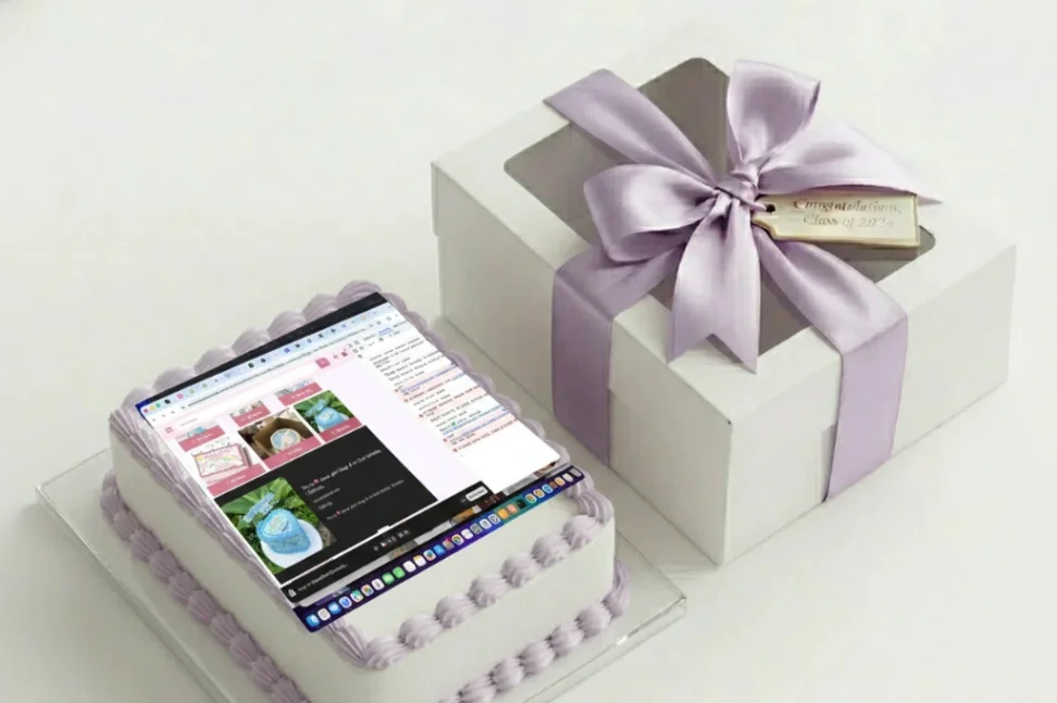 White rectangular cake with lavender piped borders and a large computer screen printout topper showing a website interface. White rectangular cake with lavender piped borders and a large computer screen printout topper showing a website interface.